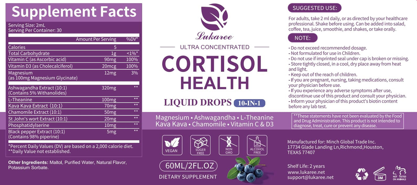 Cortisol Supplements for Women & Men | 10-in-1 Detox Manager, Blueberry (2 fl oz)