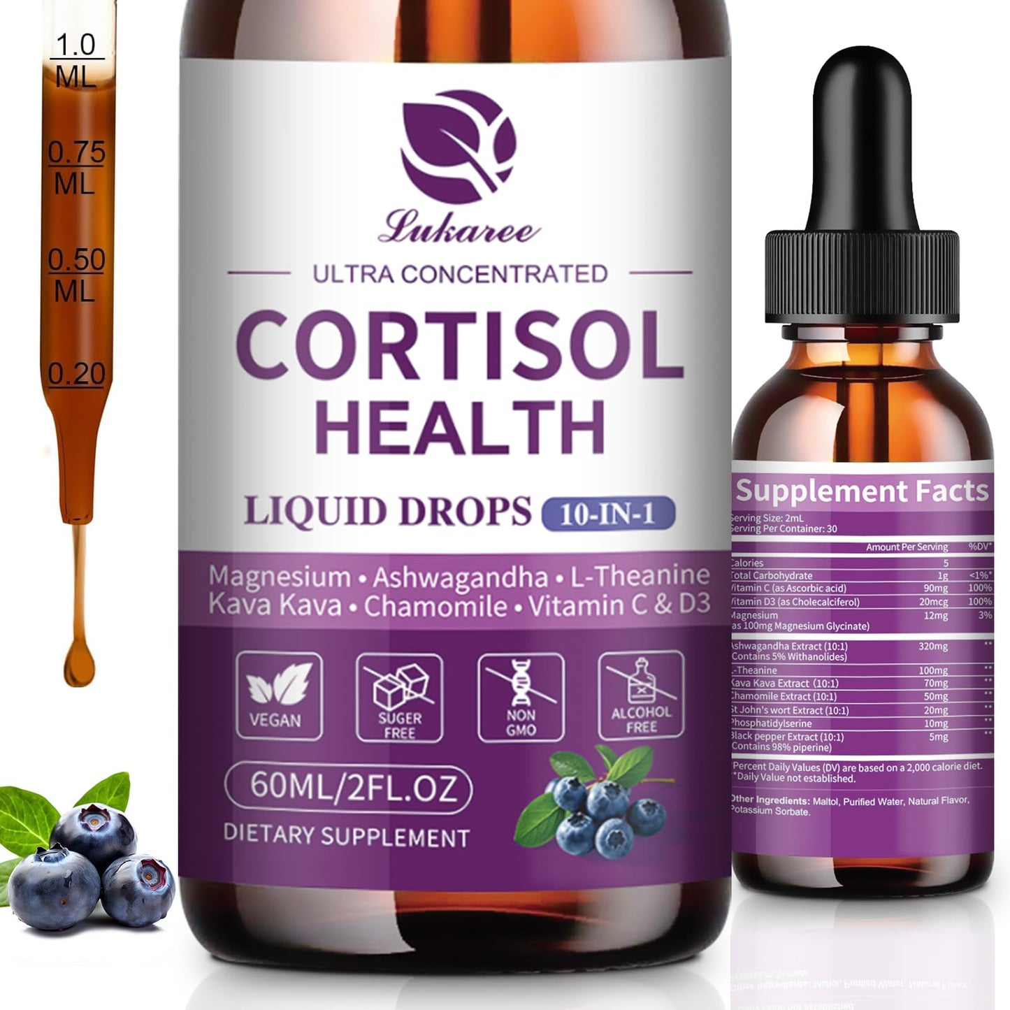 Cortisol Supplements for Women & Men | 10-in-1 Detox Manager, Blueberry (2 fl oz)