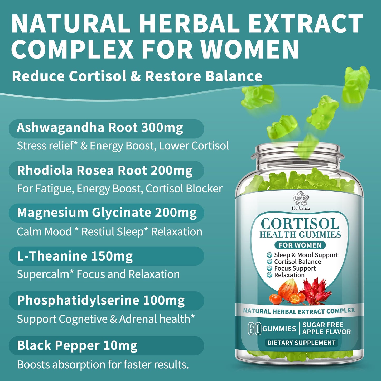 2 Pack Cortisol Gummies for Women – Ashwagandha, Rhodiola, Magnesium | 120 Gummies