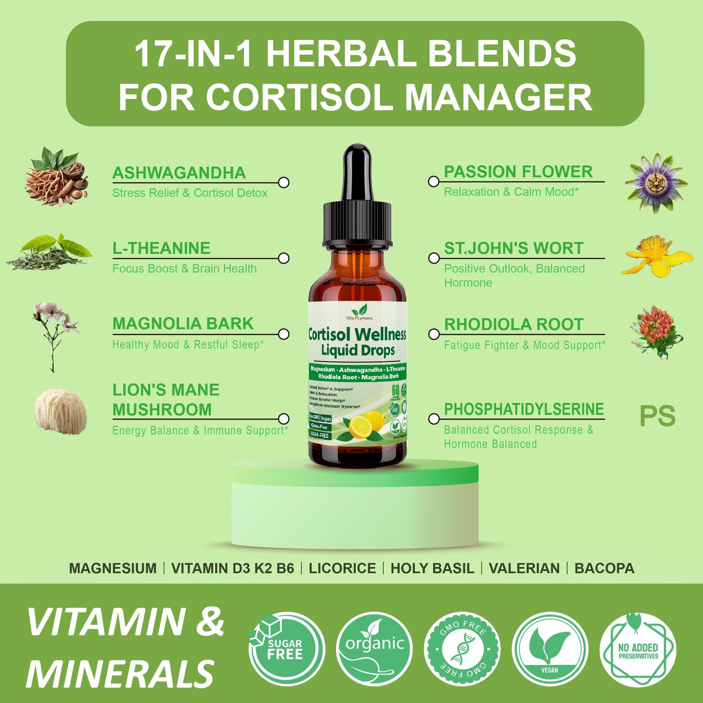 Cortisol Support Liquid Drops – 17-in-1 Detox with Magnesium Glycinate 400mg, Ashwagandha & L-Theanine – For Women