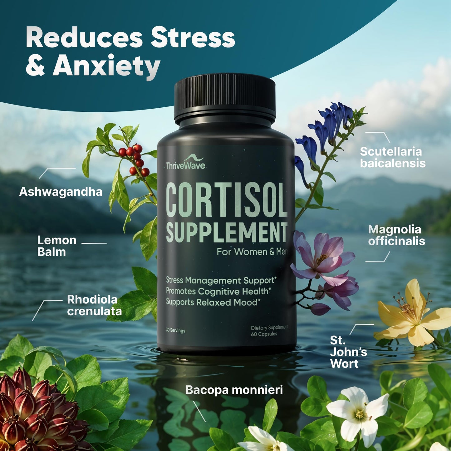 Cortisol Supplements for Women & Men – Stress & Mood Support | Bacopa Monnieri, Lemon Balm, Ashwagandha, 5-HTP, GABA, L-Theanine • 60 Capsules