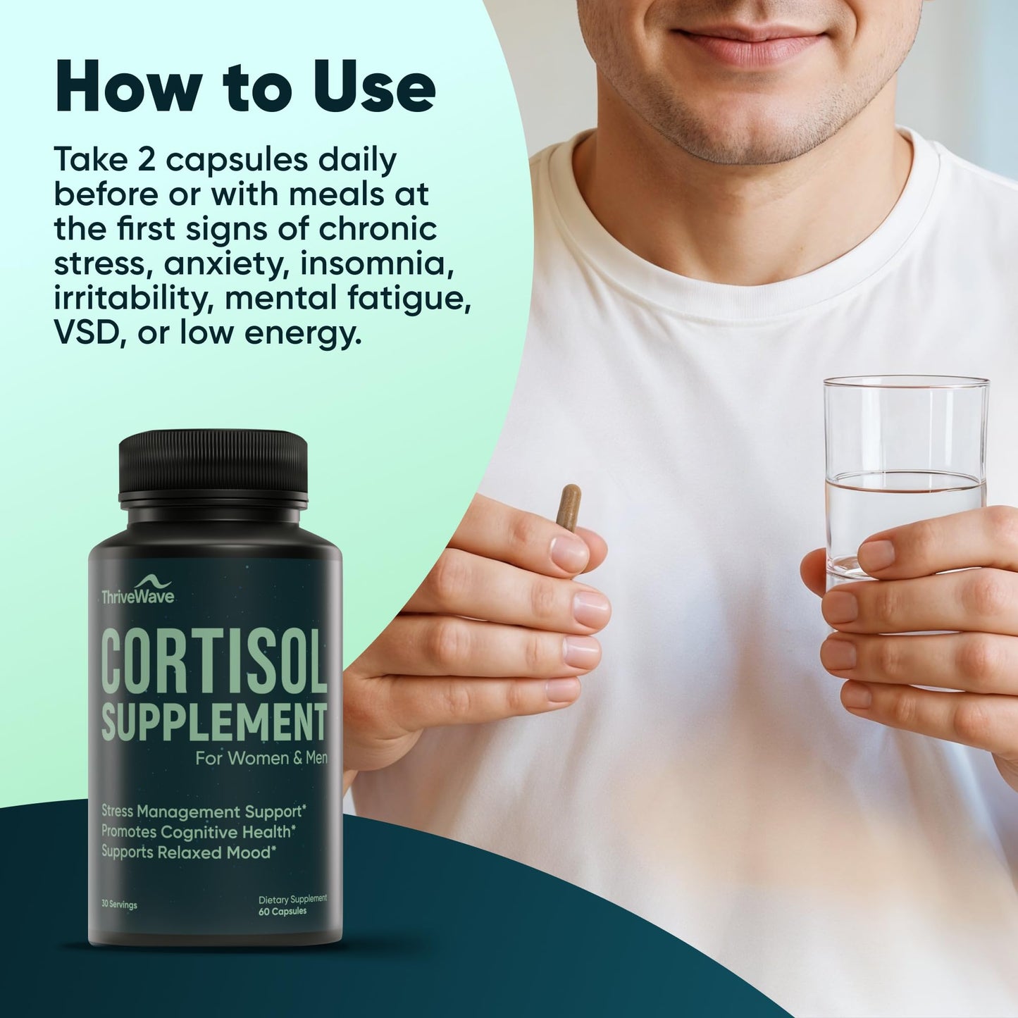 Cortisol Supplements for Women & Men – Stress & Mood Support | Bacopa Monnieri, Lemon Balm, Ashwagandha, 5-HTP, GABA, L-Theanine • 60 Capsules