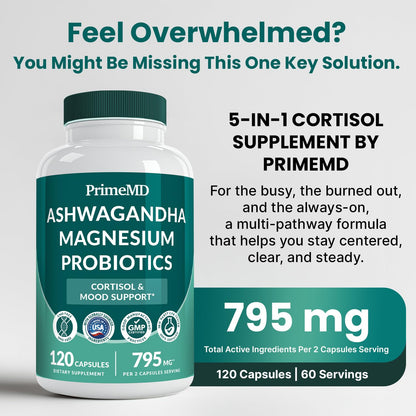 5-in-1 Cortisol Support for Women & Men – Ashwagandha, Magnesium Glycinate, Shilajit, Probiotics (120 ct)