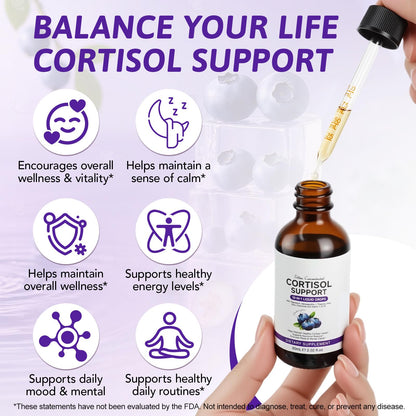 Cortisol Supplements for Women & Men | 10-in-1 Hormone Balance Drops (Blueberry)