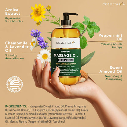 Cosmetasa Sore Muscle Massage Oil with Thumb Saver – Deep Tissue, Arnica, Peppermint & Lavender (8.8 fl oz)