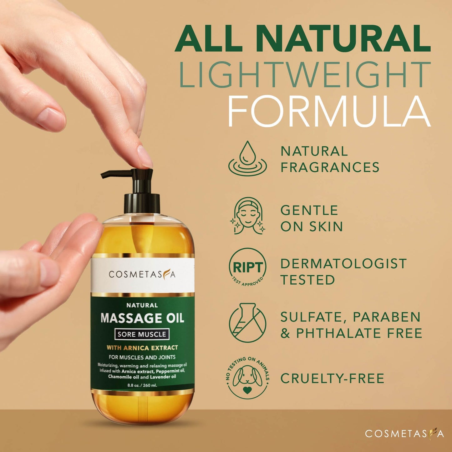 Cosmetasa Sore Muscle Massage Oil with Thumb Saver – Deep Tissue, Arnica, Peppermint & Lavender (8.8 fl oz)