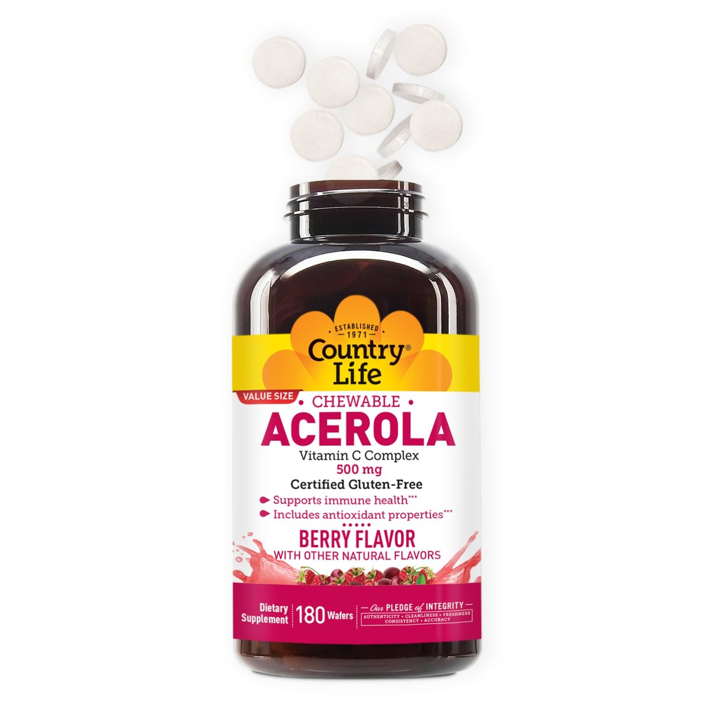 Country Life Acerola Vitamin C Complex - 500mg Berry Chewables for Immune Support, GFCO Gluten Free, AVA Vegan