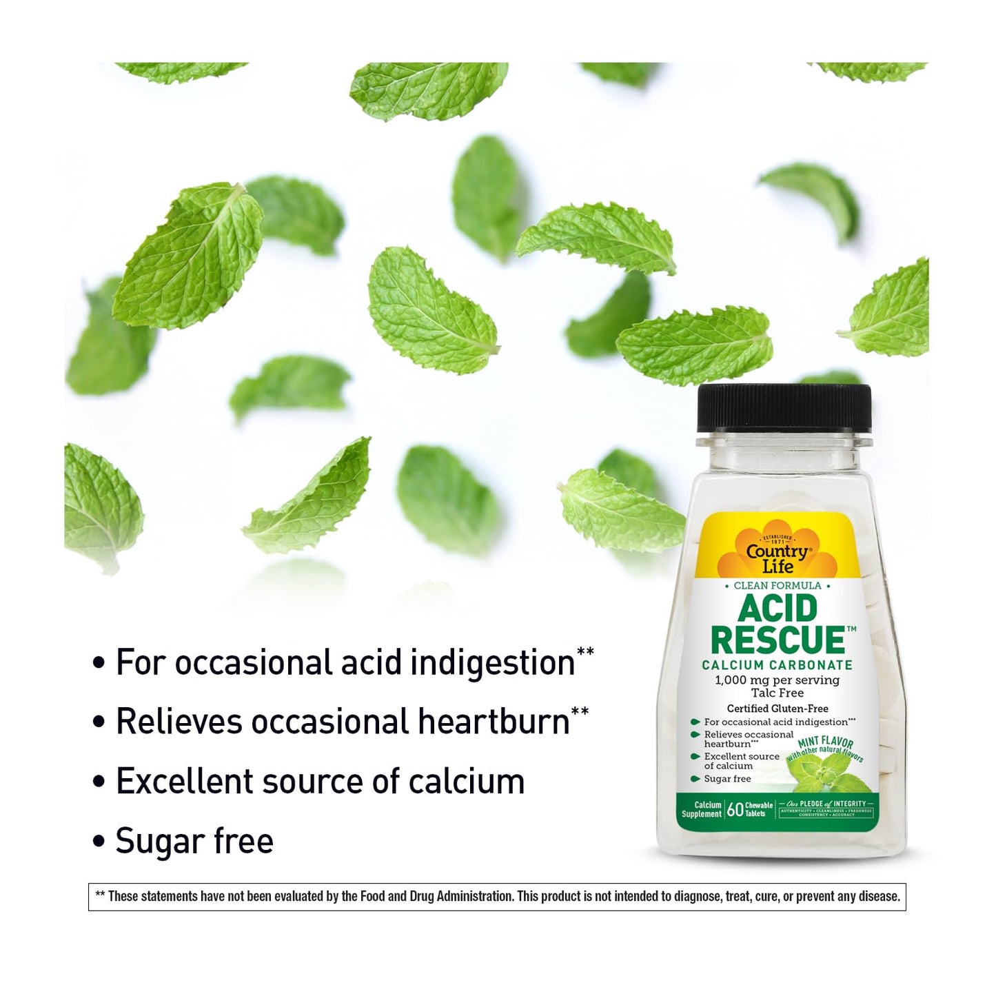 Country Life Acid Rescue Chewable Tablets – Certified Vegan & Gluten-Free Heartburn Relief, 400mg Calcium & Magnesium