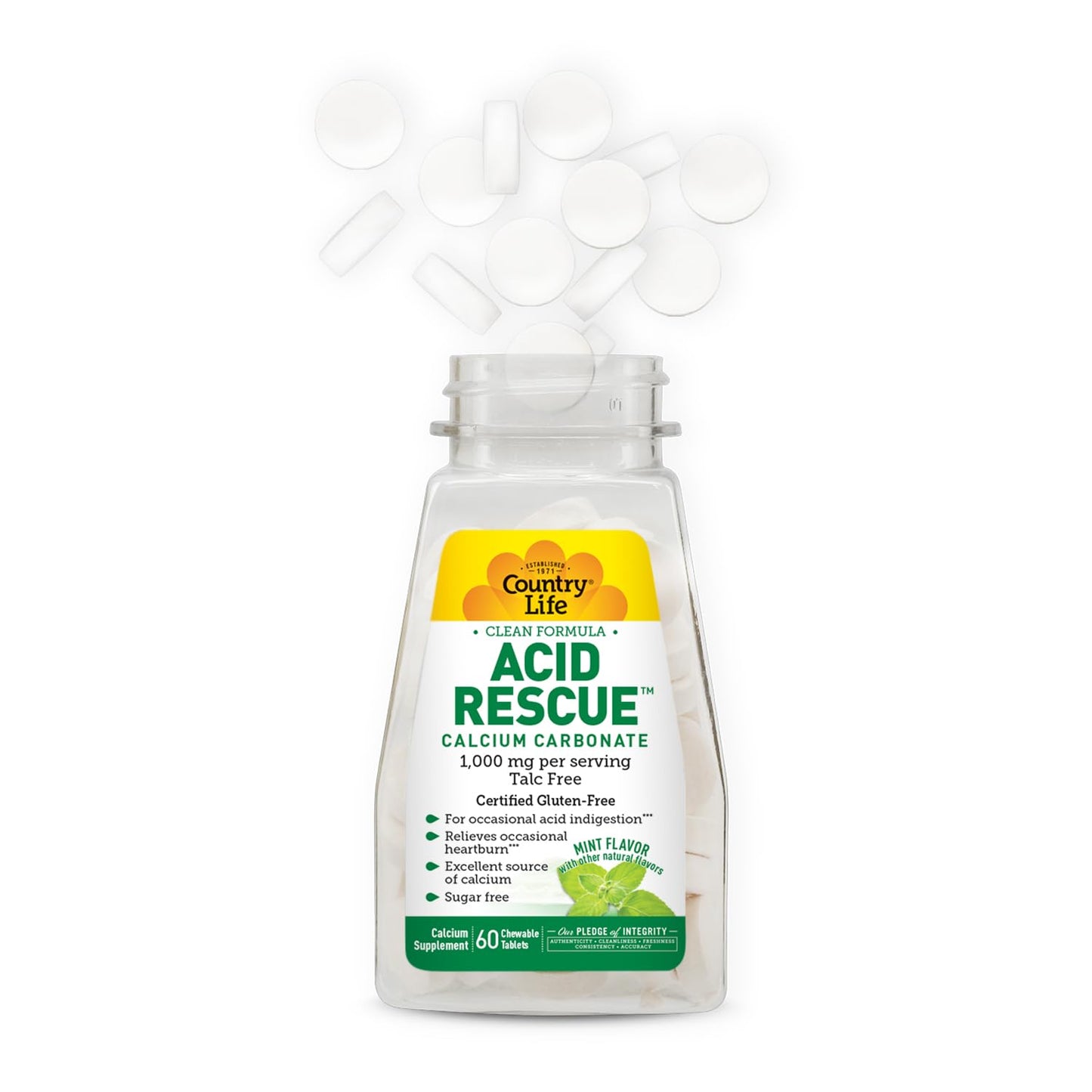 Country Life Acid Rescue Chewable Tablets – Vegan, Gluten-Free Heartburn Relief with 400mg Calcium & Magnesium | Mint Flavor
