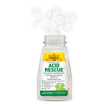Country Life Acid Rescue Chewable Tablets – Vegan, Gluten-Free Heartburn Relief with 400mg Calcium & Magnesium | Mint Flavor