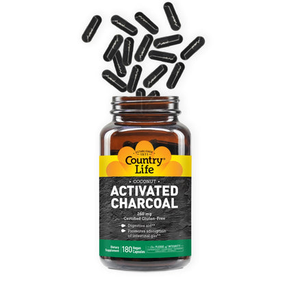 Country Life Activated Organic Coconut Charcoal Capsules, 260mg – Natural Charcoal Supplement for Gas and Bloating Relief, Gluten-Free, 180 Vegan Capsules