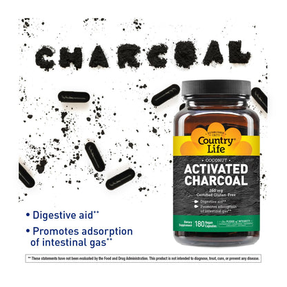 Country Life Activated Organic Coconut Charcoal Capsules, 260mg – Natural Charcoal Supplement for Gas and Bloating Relief, Gluten-Free, 180 Vegan Capsules