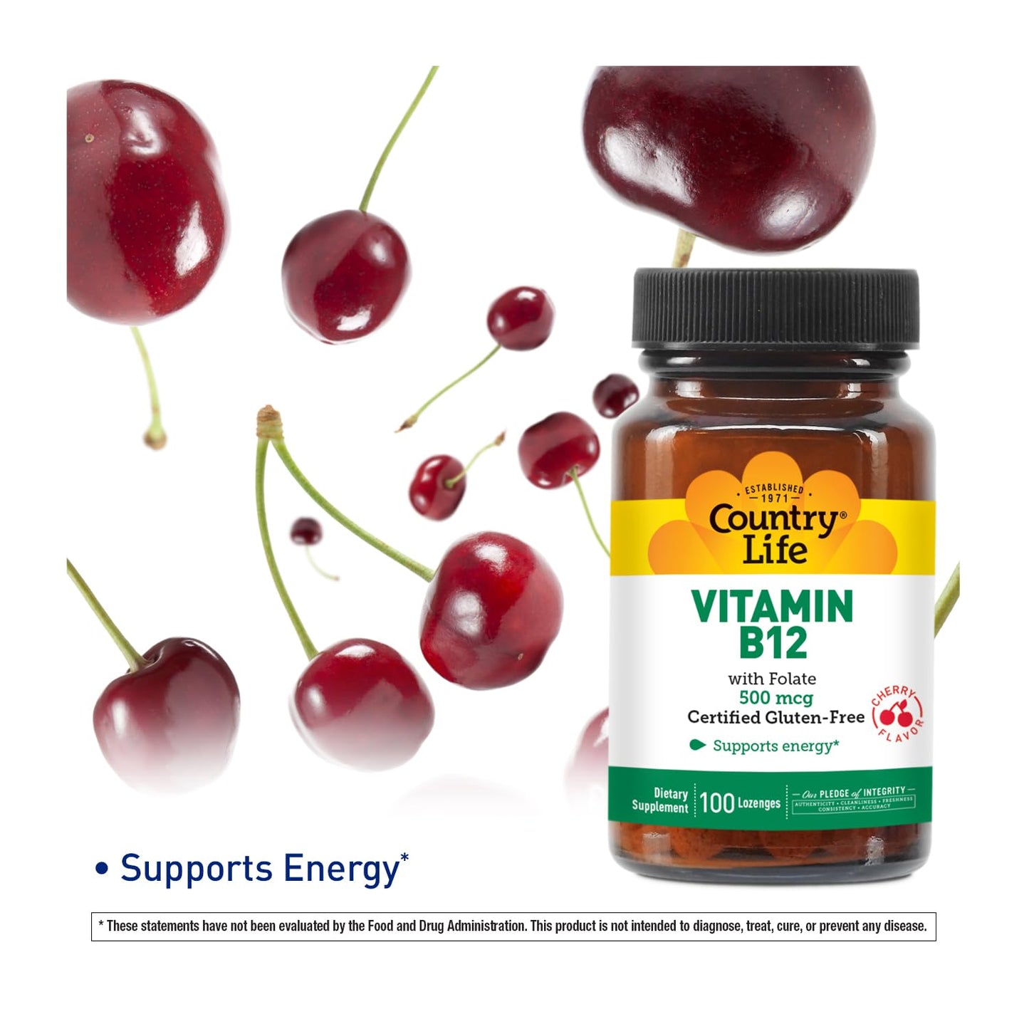 Country Life Vitamin B12 with Folate 500mcg – 100 Lozenges | Gluten Free, Vegan, Halal (Pack of 2)