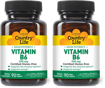 Country Life Vitamin B-6 200 mg High Potency – 90 Vegan Capsules (Pack of 2) | Gluten Free, Vegan, Halal