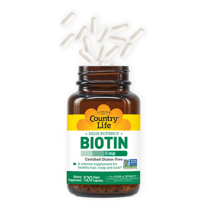 Country Life Biotin High Potency 5 mg – 120 Veg Capsules | Gluten Free, Vegan, Non-GMO