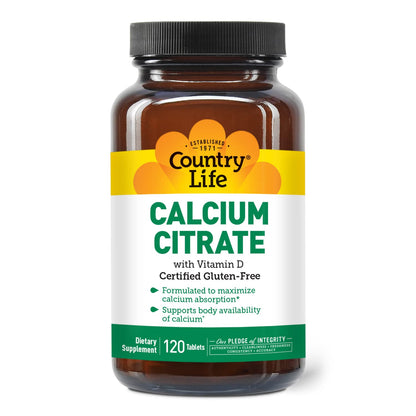 Country Life Calcium Citrate with Vitamin D 500mg – Highly Absorbable, Gluten Free, Vegan, Halal, Non-GMO – 2 x 120 Tablets