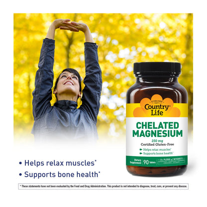 Country Life Chelated Magnesium 250mg – Supports Bone & Immune Health | Daily Supplement 90 ct