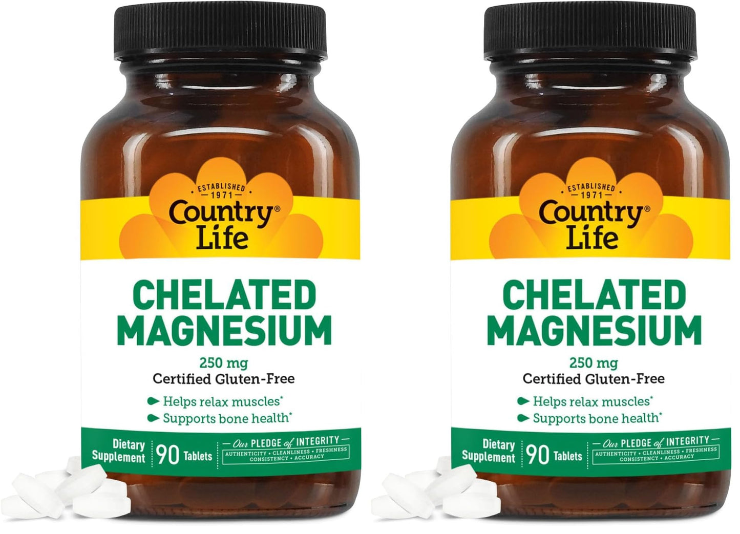 Country Life Chelated Magnesium 250mg – Supports Bone & Immune Health | 90 ct Pack of 2
