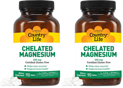 Country Life Chelated Magnesium 250mg – Supports Bone & Immune Health | 90 ct Pack of 2