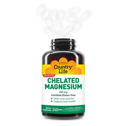 Country Life Chelated Magnesium 250mg – Supports Bone & Immune Health | Daily Supplement 240 ct
