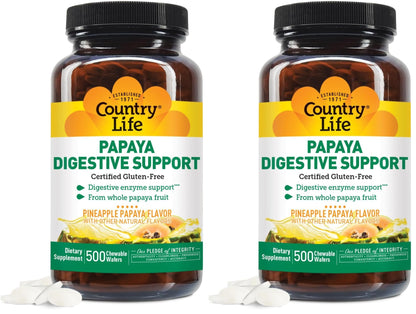 Country Life Chewable Papaya Enzymes for Digestion – Pineapple & Papaya Flavor | 200 & 500 Wafers