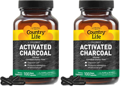 Country Life Coconut Activated Charcoal 260mg – Gas & Bloating Relief, Gluten-Free & Vegan