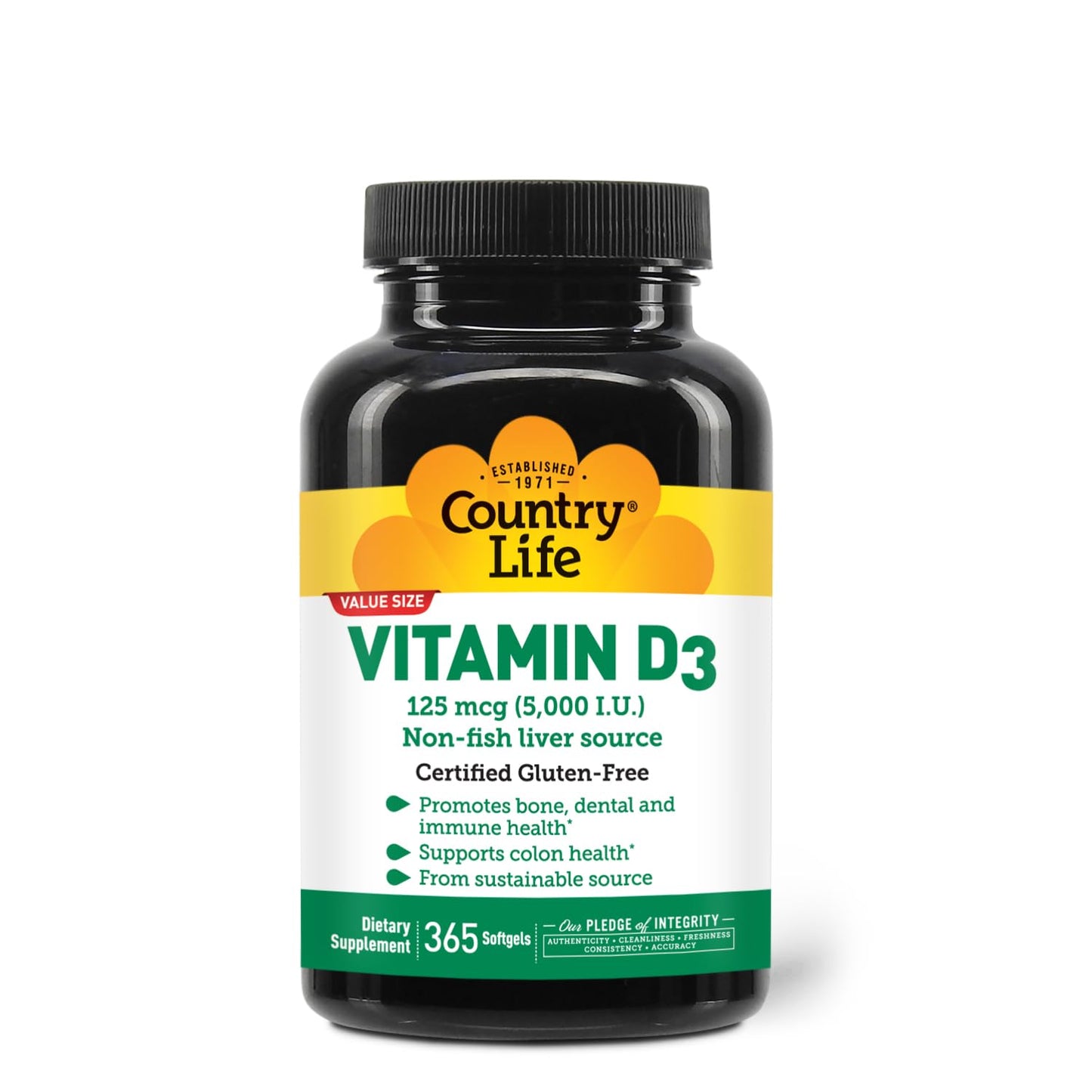 Country Life Vitamin D3 5000 IU – High Potency, Non-Fish, Gluten-Free