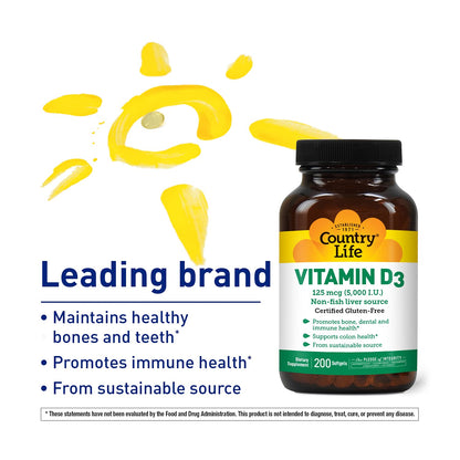 Country Life Vitamin D3 5000 IU – Immune & Bone Health, Calcium Absorption | Lanolin Source