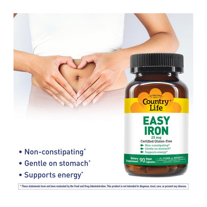 Country Life Easy Iron 25mg Capsules – Ferrochel Non-Constipating Vegan Iron Supplement (Pack of 2)