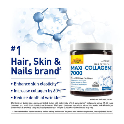 Country Life Maxi-Collagen 7000 Powder - Verisol Collagen Peptides + Vitamins C, A & Biotin | 7.5 oz