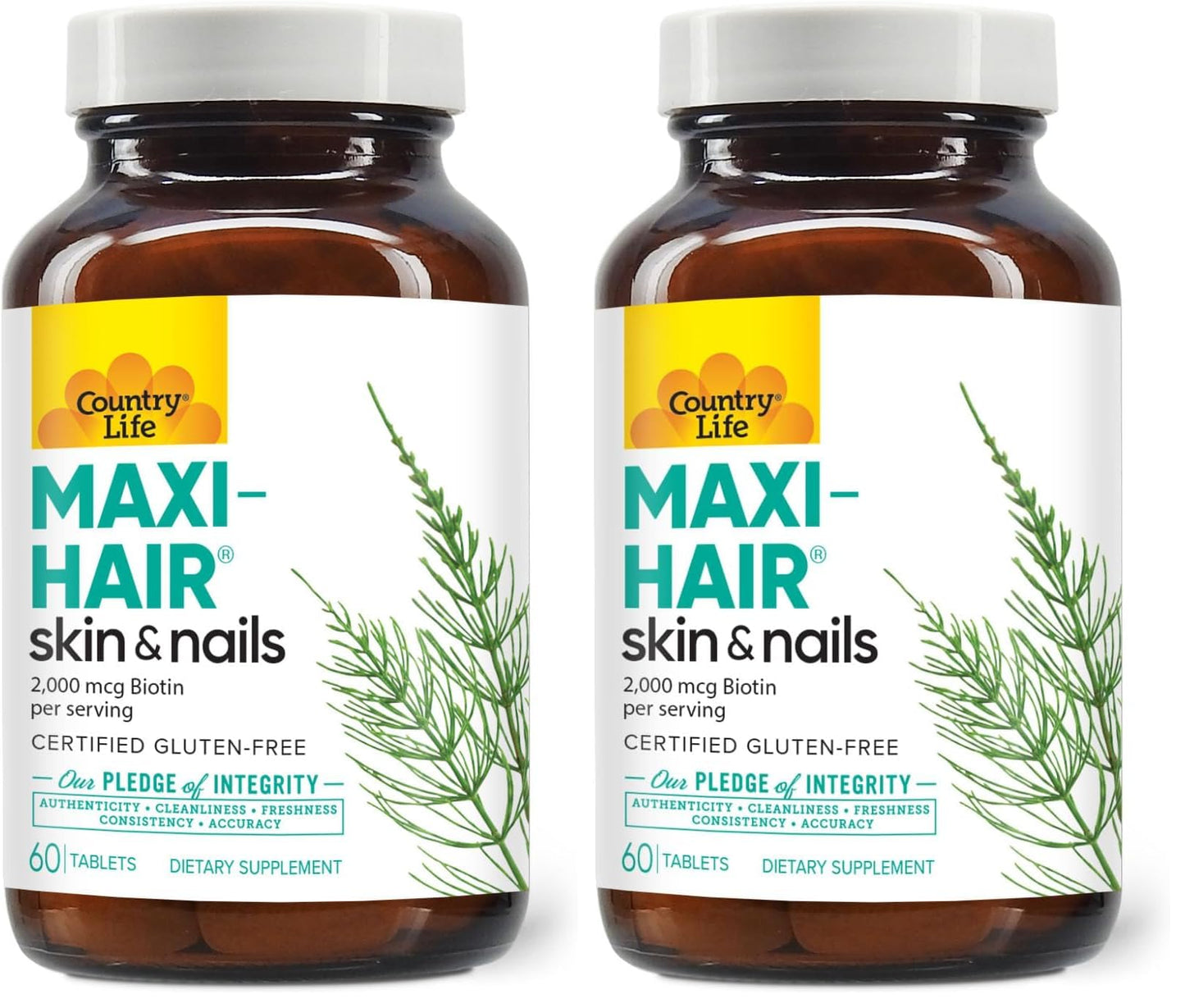 Country Life Maxi-Hair Supplement – 2000mcg Biotin, Hair, Skin & Nails – Gluten-Free & Vegetarian – Pack of 2