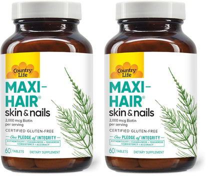 Country Life Maxi-Hair Supplement – 2000mcg Biotin, Hair, Skin & Nails – Gluten-Free & Vegetarian – Pack of 2
