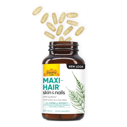 Country Life Maxi-Hair Supplement – 2000mcg Biotin, Hair, Skin & Nails – Gluten-Free & Vegetarian – Pack of 2