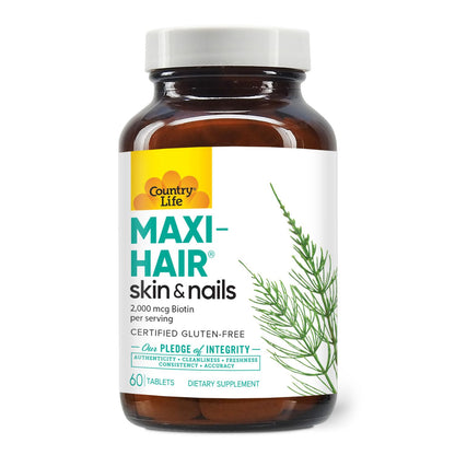 Country Life Maxi-Hair Supplement - 2000mcg Biotin for Hair, Skin & Nails | Gluten Free & Vegetarian - 60 Tablets