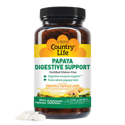 Country Life Papaya Enzymes for Digestion - Chewable Wafers (200 & 500)