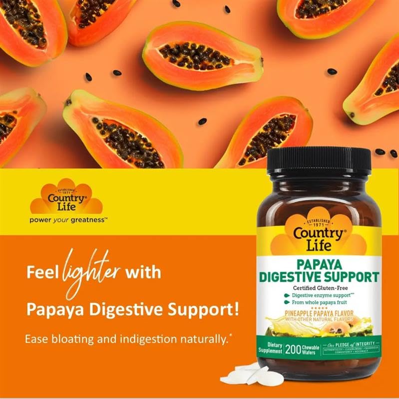Country Life Papaya Enzymes Chewables – Digestive Support (200 Ct, Pack of 2)