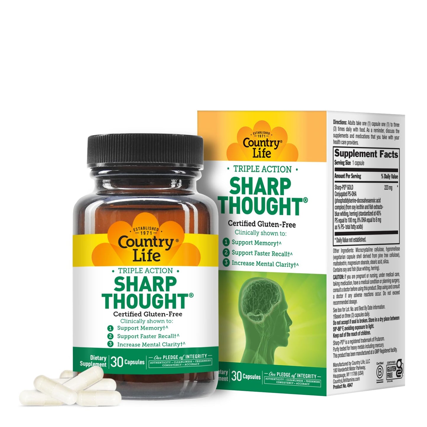 Country Life SharpThought Memory & Cognitive Support – Sharp-PS Gold PS + DHA (Gluten-Free, 30 capsules)