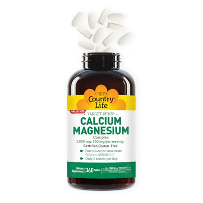 Country Life Target-Mins Calcium Magnesium – 1000mg Ca / 500mg Mg, 2:1, Gluten Free
