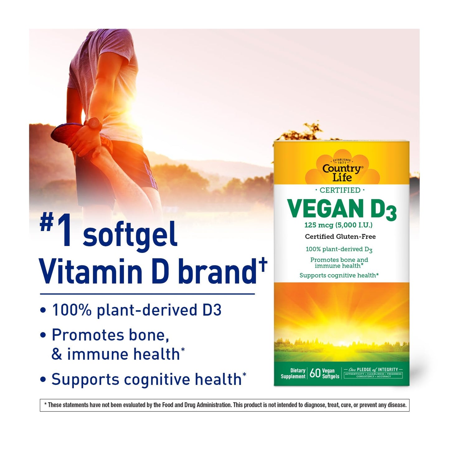 Country Life Vegan D3 5000 IU - Plant-Derived Vitamin D3 from Lichen - 60 Softgels