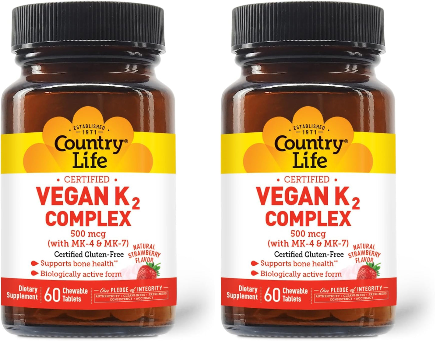 Country Life Vegan K2-500 mcg Chewables, Strawberry - Gluten Free & Vegan (Pack of 2) Bone Health