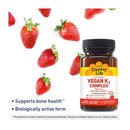Country Life Vegan K2-500 mcg Chewables, Strawberry - Gluten Free & Vegan (Pack of 2) Bone Health