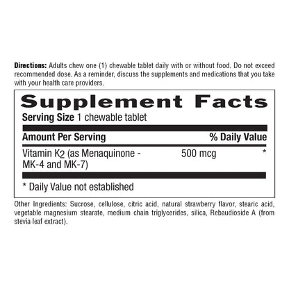 Country Life Vegan K2-500 mcg Chewables, Strawberry - Gluten Free & Vegan (Pack of 2) Bone Health