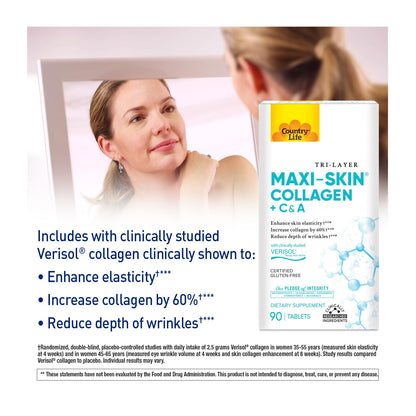 Country Life Verisol Collagen Peptides Tablets – Reduce Wrinkles & Boost Skin Elasticity – 90 Tablets (Vitamin A & C)
