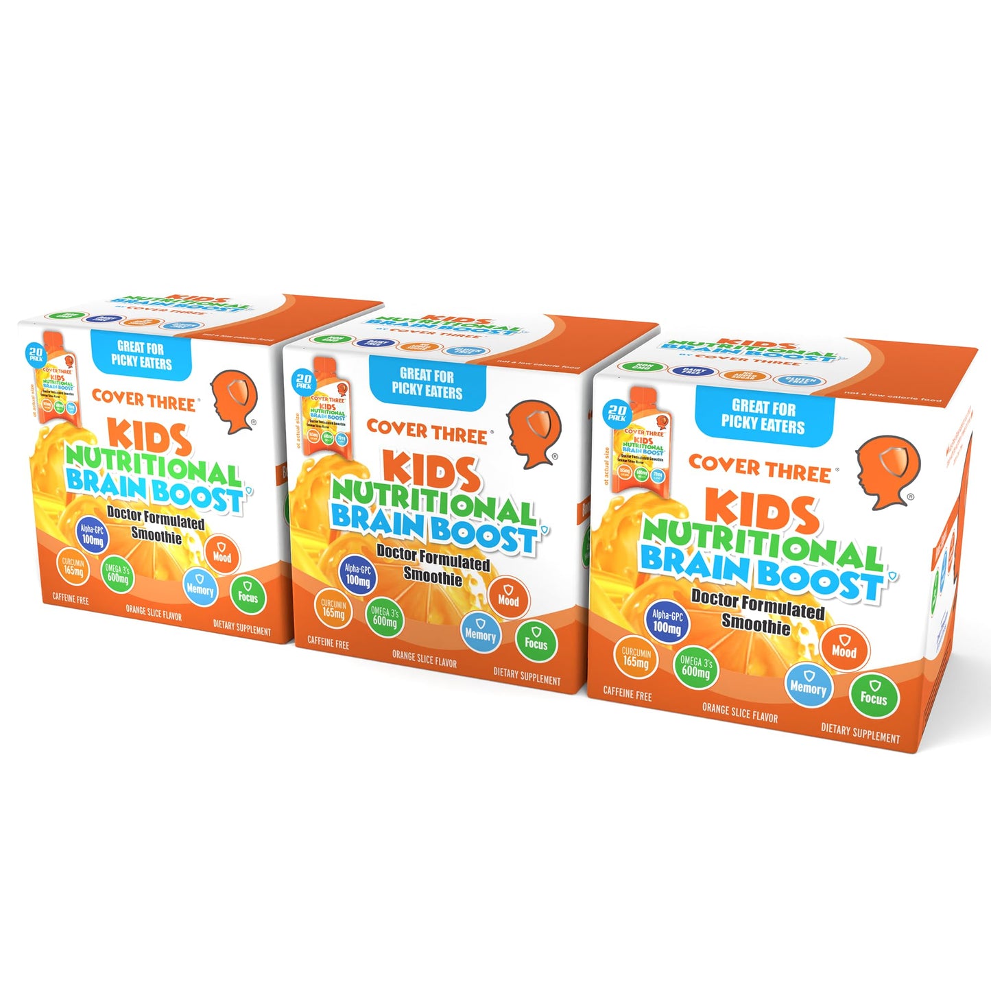 Cover Three Kids Brain Supplement Smoothie – Omega-3 DHA for Focus, Vision & Heart (20 Pouches, 3 Boxes)