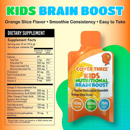 Cover Three Kids Brain Supplement Smoothie – Omega-3 DHA for Focus, Vision & Heart (20 Pouches, 3 Boxes)