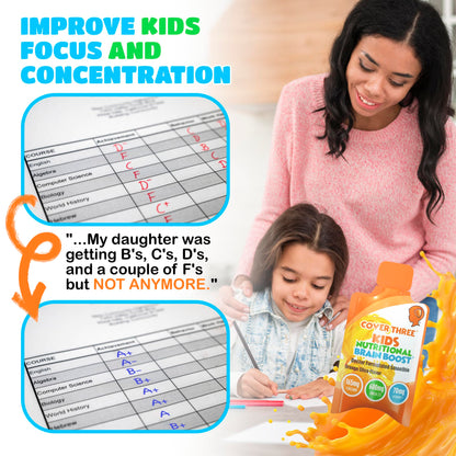 Cover Three Kids Brain Supplement Smoothie – Omega-3 DHA for Focus, Vision & Heart (20 Pouches, 3 Boxes)