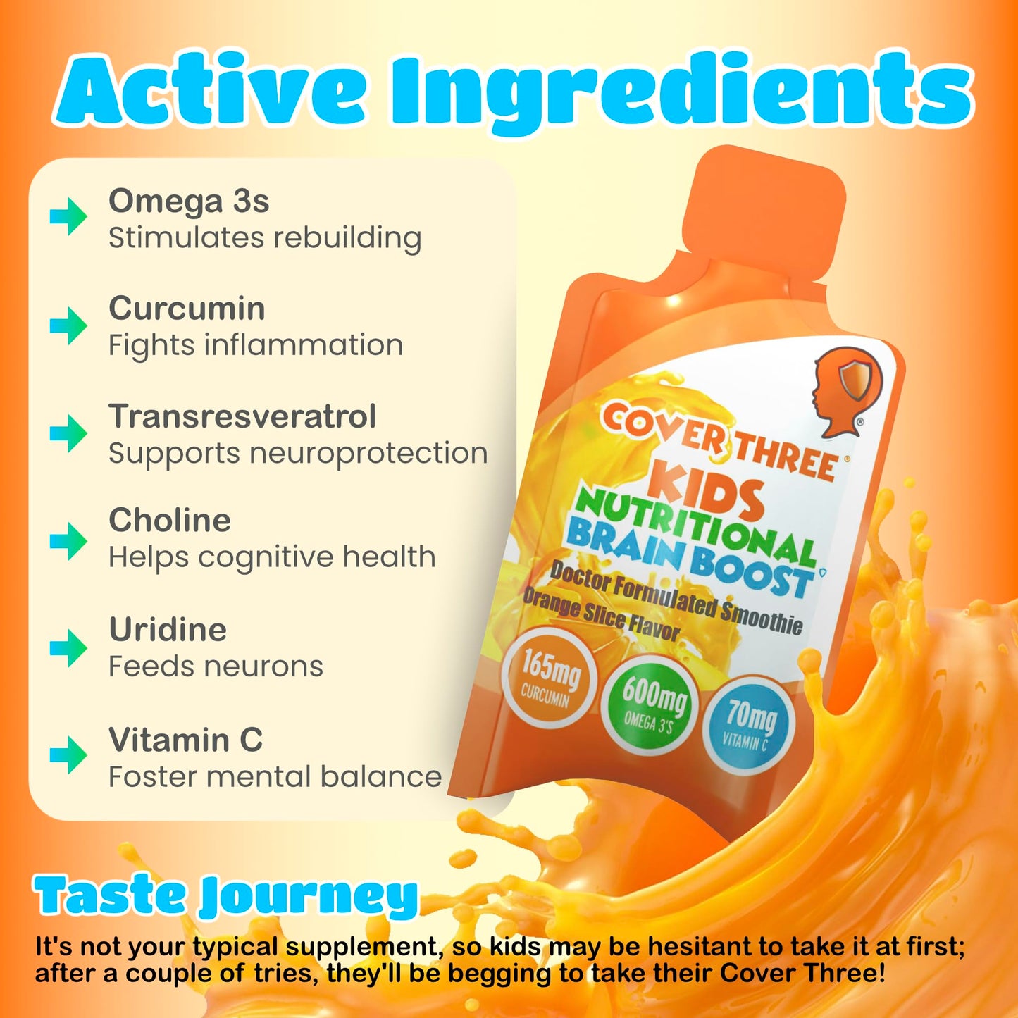 Cover Three Kids Brain Supplement Smoothie – Omega-3 DHA for Focus, Vision & Heart (20 Pouches, 3 Boxes)