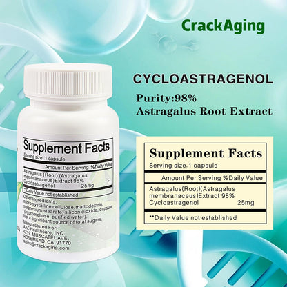 Crackaging Cycloastragenol 98% 25mg – Telomere Activator, Cell Rejuvenation | 60 Capsules (2 Bottles)
