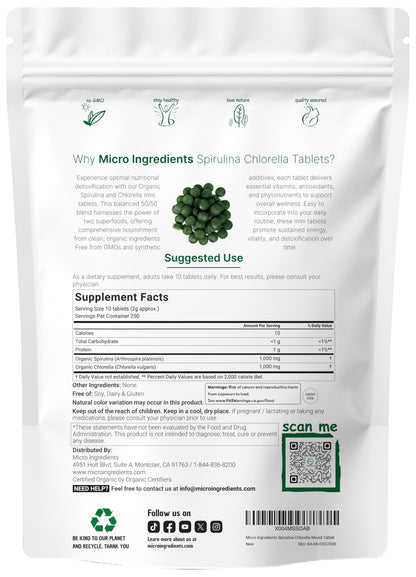 Spirulina & Chlorella Mini Tablets – 2,500 (8 Month) 50/50 Blend