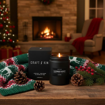 Craft & Kin Lavender Woods Candle | Men’s Black Christmas Soy Candle 7.6oz | 45h Burn